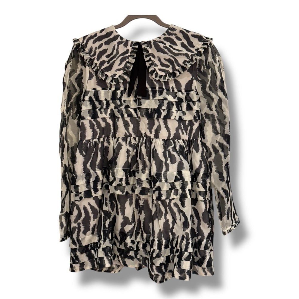 Anthropologie Maeve Medium Long-Sleeve Collared Sheer Mini Dress Black White‎